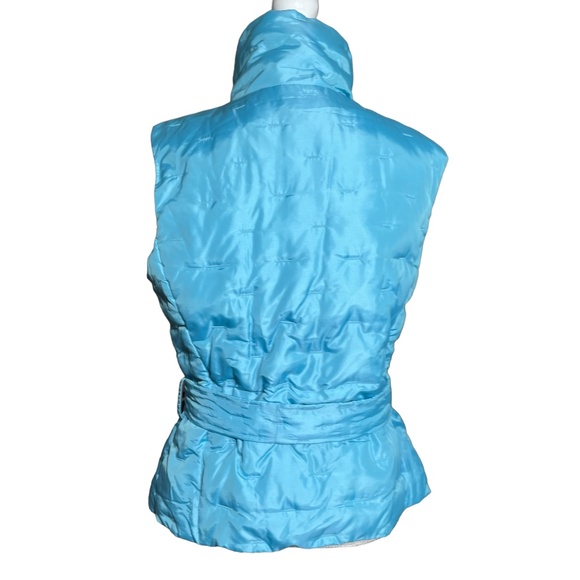 Goose Down Puffer Vest M Feather Cluster Turtleneck Zip Belted Embroidered Blue - Picture 2 of 13